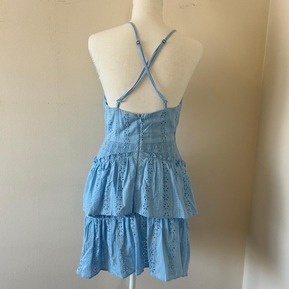 Mable Light Blue Eyelet Tiered Cutout Boho Festival Mini Dress S - Picture 2 of 11